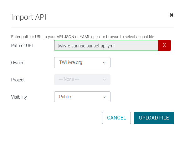 Tela para importar um arquivo de especificação OpenAPI