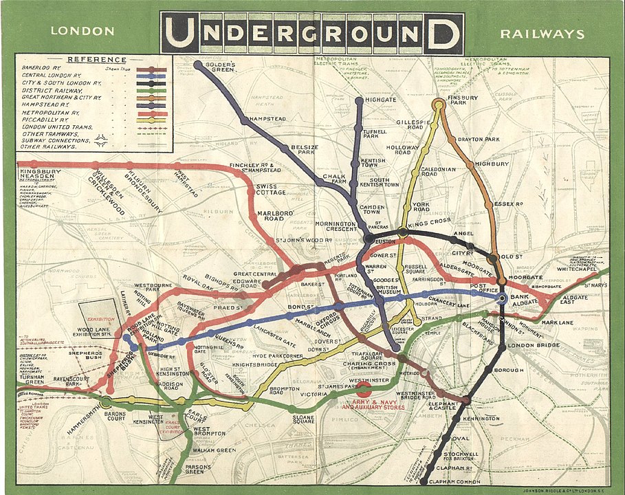 Mapa de 1908 do metrô de Londres.
